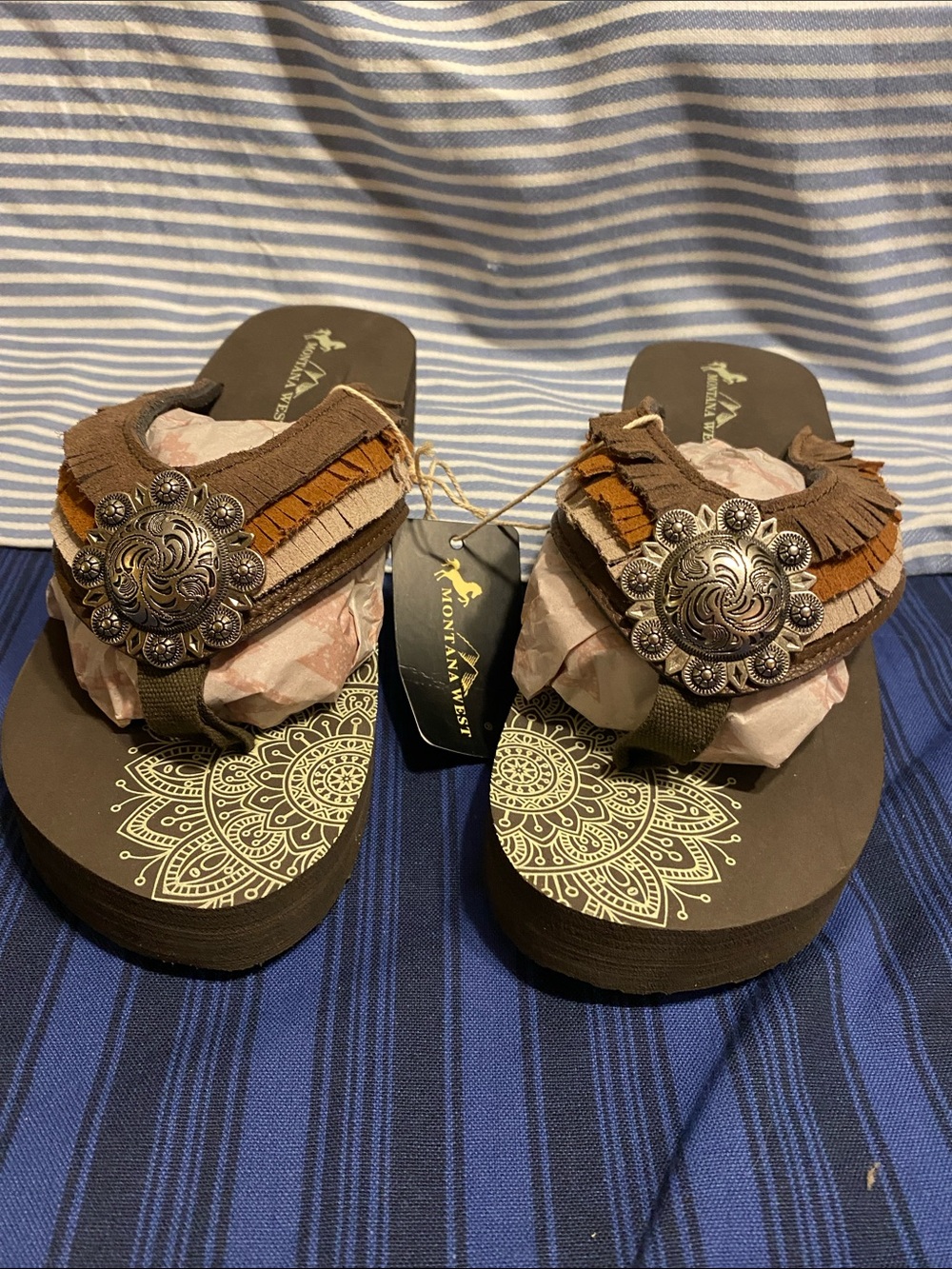 Montana West Brown and Tan Fringe Concho Wedge Sandals